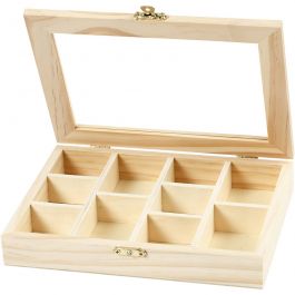 Doos met glazen deksel, afm 15,5x20,5x3,5 cm, gatgrootte 4,3x6,6 cm, 1 stuk [HOB-56930]