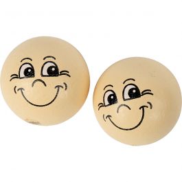 Houten ballen met gezichten, d 22 mm, licht beige, 10 stuk/ 1 doos [HOB-57098]