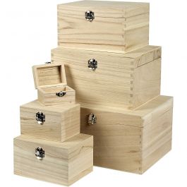 Set houten dozen, H: 5+7+9+11+13+15 cm, L: 8+11,8+15,8+20+24+27,7 cm, B: 5,8+8,8+12+15+18+21 cm, 6 stuk/ 1 set [HOB-57542]