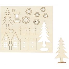 DIY Houten figuren, huis, bomen, hert, L: 15,5 cm, B: 17 cm, dikte 3 mm, 1 doos [HOB-57888]