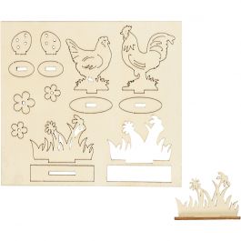 DIY Houten figuren, kippen en bloemen, L: 15,5 cm, B: 17 cm, 1 doos [HOB-57889]