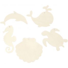 Zeedieren om op te hangen, Zeepaard, schildpad, dolfijn, schelp en walvis, H: 5-10 cm, B: 5-10 cm, gatgrootte 3 mm, dikte 2 mm, 5 stuk/ 1 doos [HOB-57972]