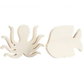 Waterwereld figuren, Inktvis en vis, H: 11 cm, B: 16 cm, dikte 1,2 cm, 2 stuk/ 1 doos [HOB-57976]