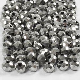 Facet Kralen, afm 5x6 mm, gatgrootte 1 mm, metallic grijs, 100 stuk/ 1 doos [HOB-61684]