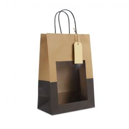 Cadeautasjes met venster en tag 22+12x32cm kraft/zwart (100 stuks) [FP-DPT114]