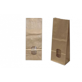 Blokbodemzakken Kraft Bruin 8x4,2x18cm 70 g/m2 gevoerd met 30my OPP Folie en helder Venster | 100-125 gram (100 stuks) [PAB818]