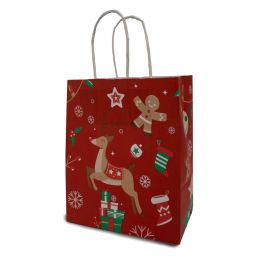 Papieren tassen Rood met kerst Bedrukking 18+8x22cm Kraft 90 grams (50 stuks) [PAM1822RXmas]